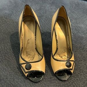 Connie taupe with black trim and button heels